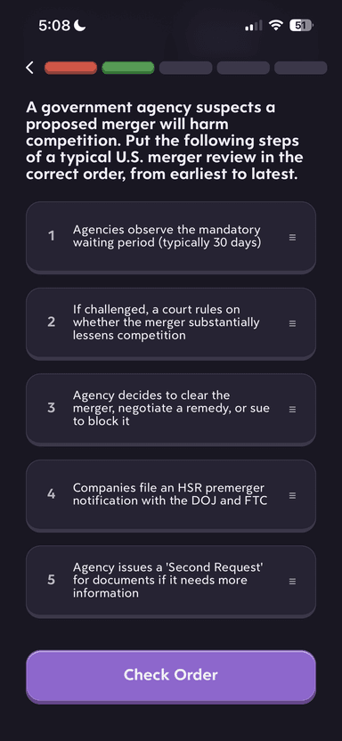 Turbo AI Learn Mode lesson screen explaining an antitrust law concept