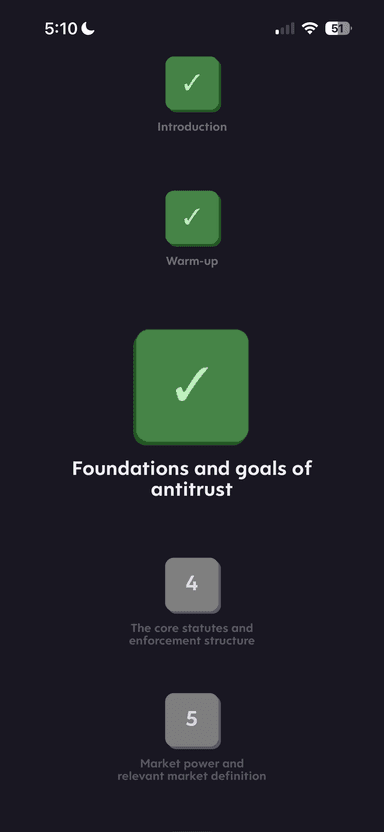 Turbo AI Learn Mode lesson check-in question on antitrust law