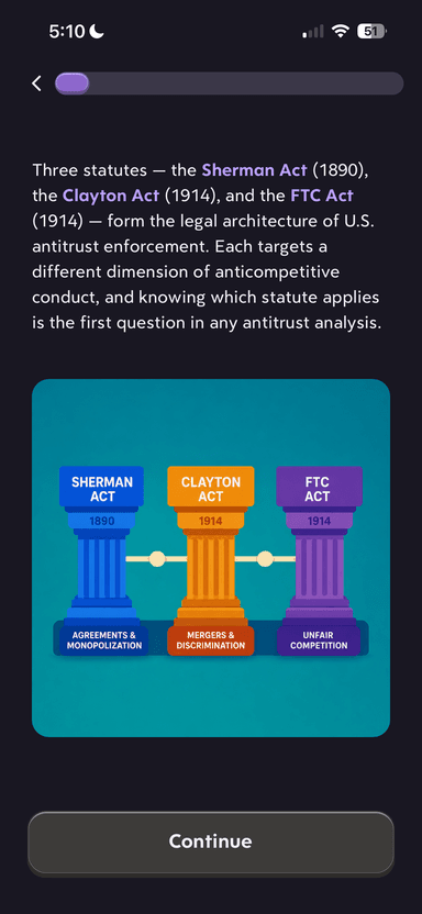 Turbo AI Learn Mode lesson completion screen in the antitrust law course