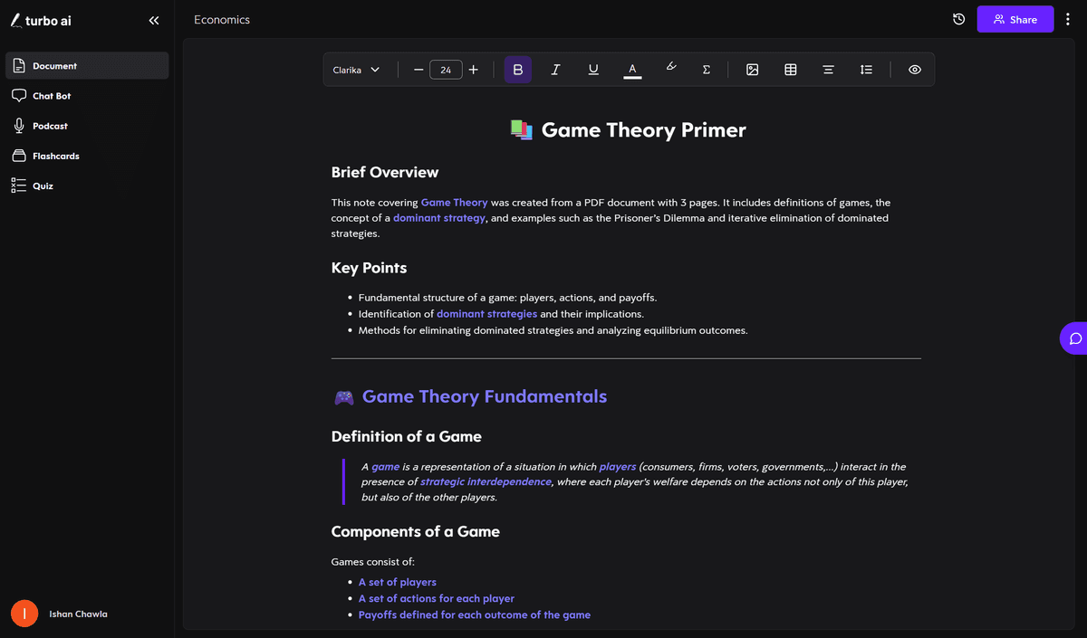 Turbo AI economics notes generated from game theory lecture slides