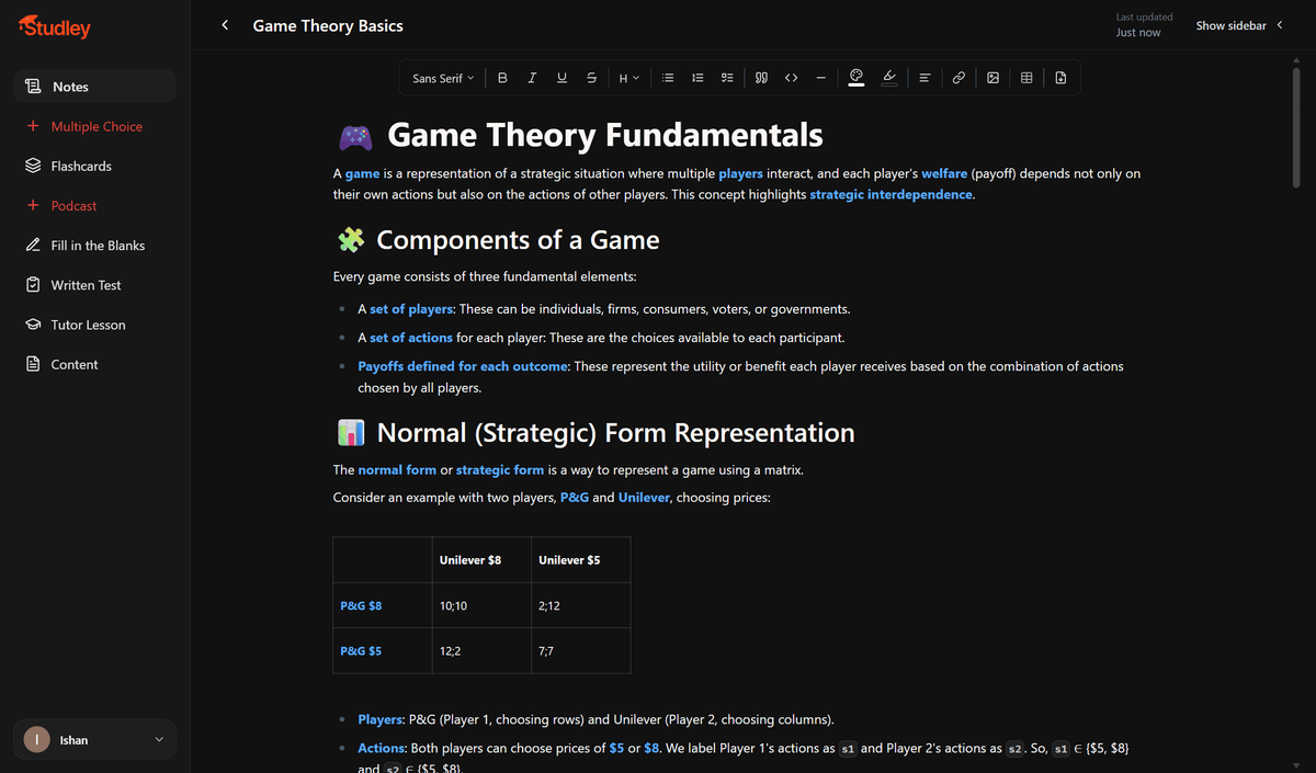 Studley economics notes generated from the same game theory lecture slides