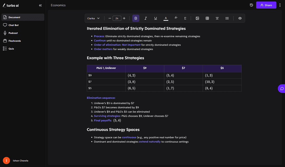 Turbo AI walkthrough of iteratively deleting strictly dominated strategies on a payoff matrix