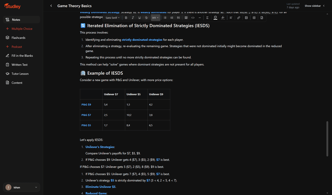 Studley walkthrough of iteratively deleting strictly dominated strategies, first page