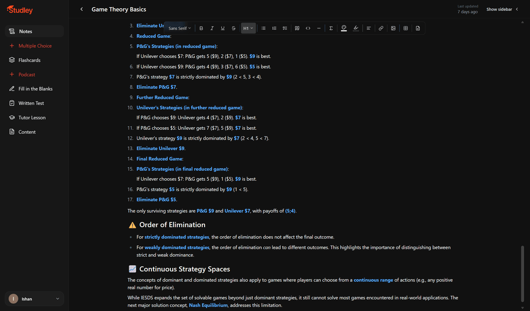 Studley elimination sequence repeating payoff comparisons on a second page