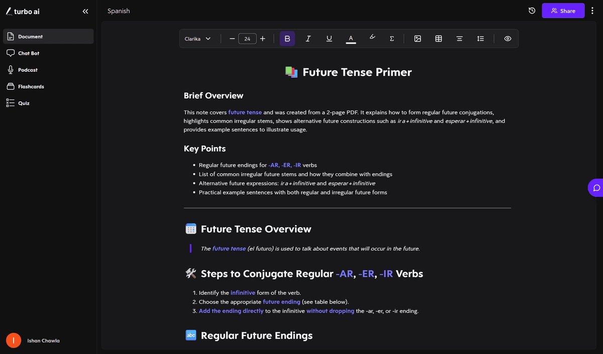 Turbo AI Spanish notes on the future tense from a lecture recording