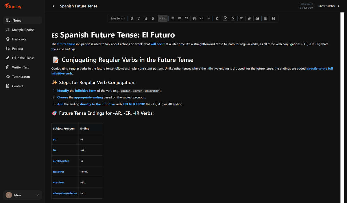 Studley Spanish notes on the future tense from the same lecture recording