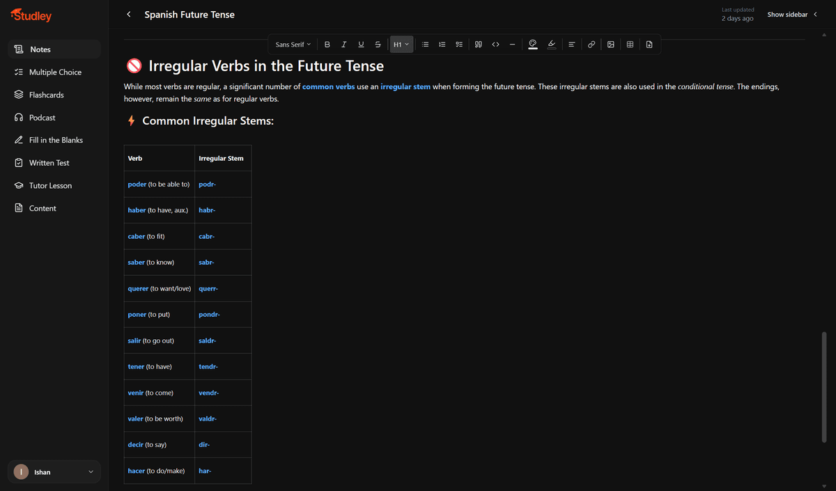Studley long vertical list of irregular future tense stems with unused screen space