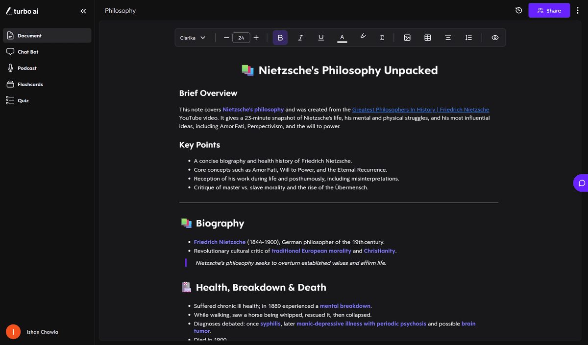 Turbo AI philosophy notes generated from a YouTube video about Nietzsche
