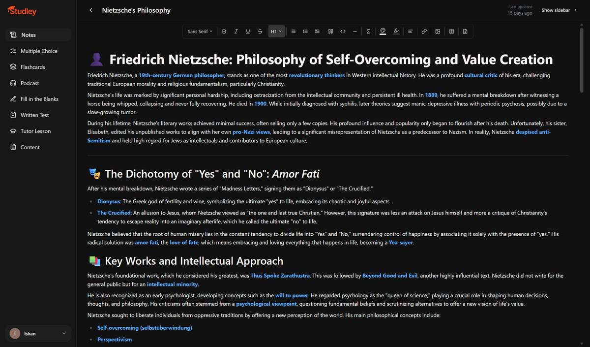 Studley philosophy notes generated from the same YouTube video about Nietzsche