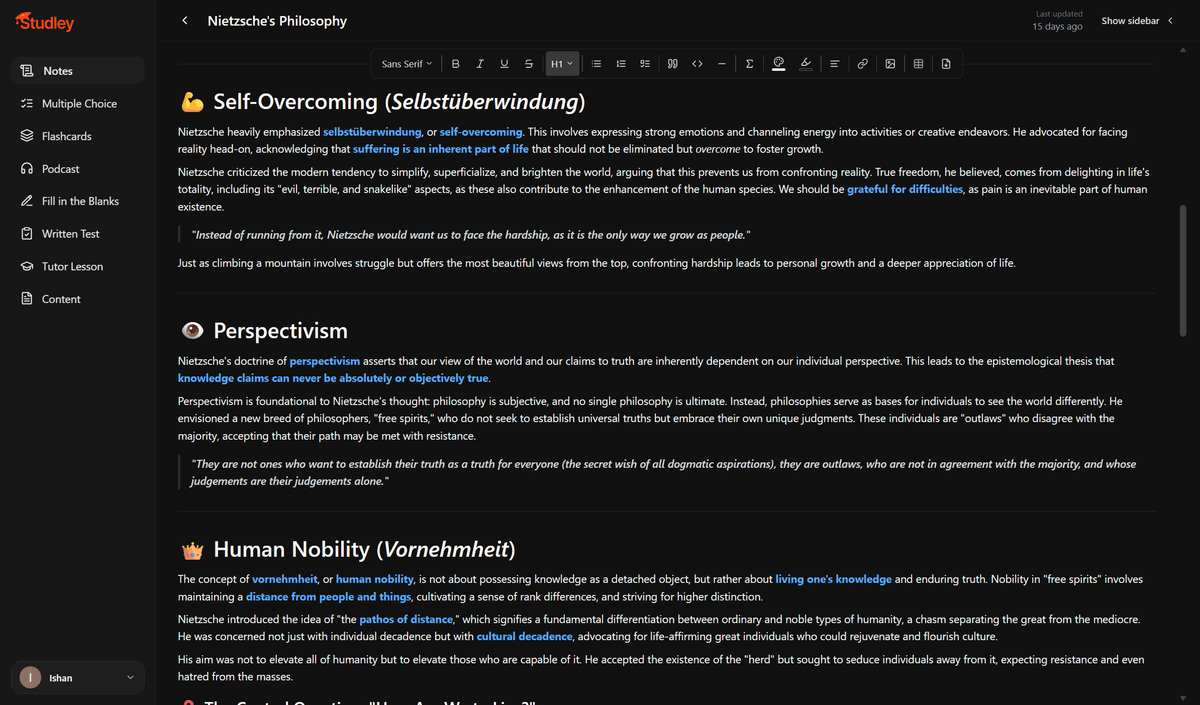Studley narrative notes with Nietzsche's key claims dispersed across long passages