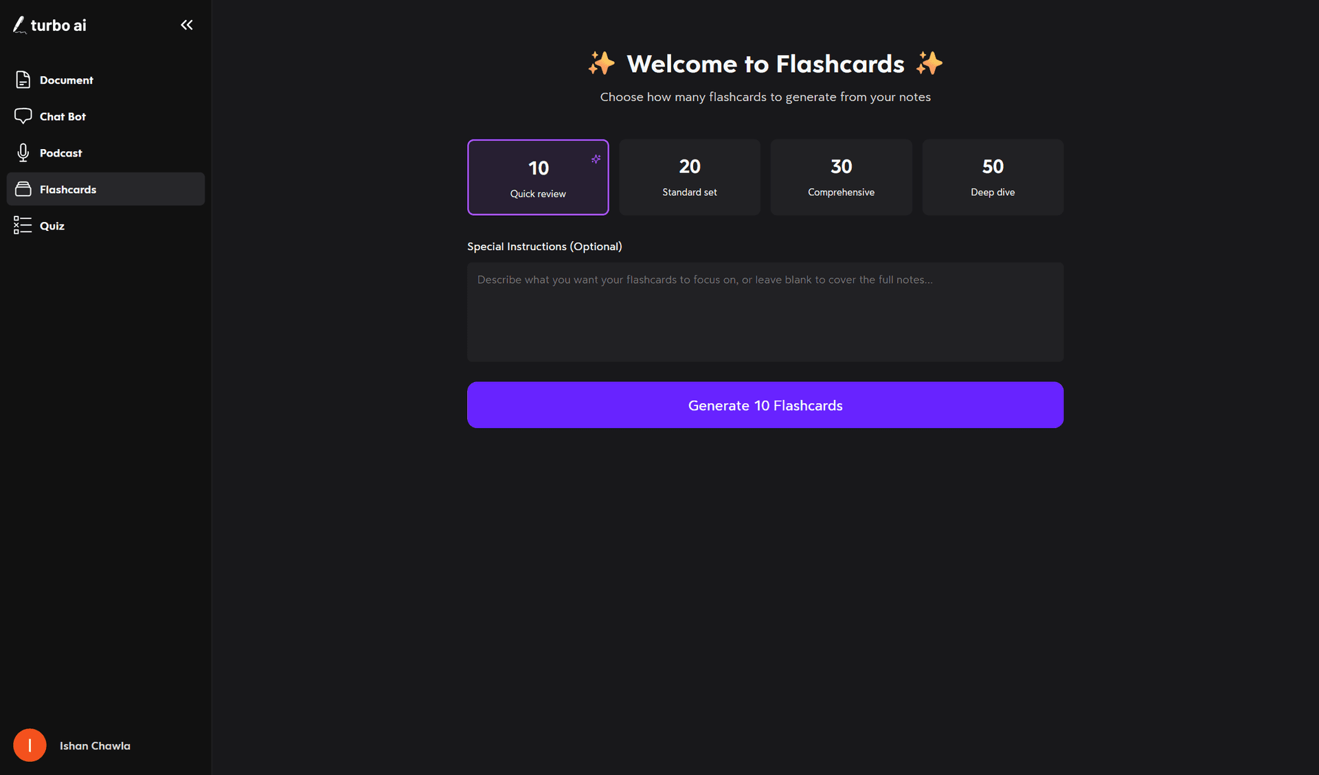 Turbo AI screen for choosing how many flashcards to generate from a note