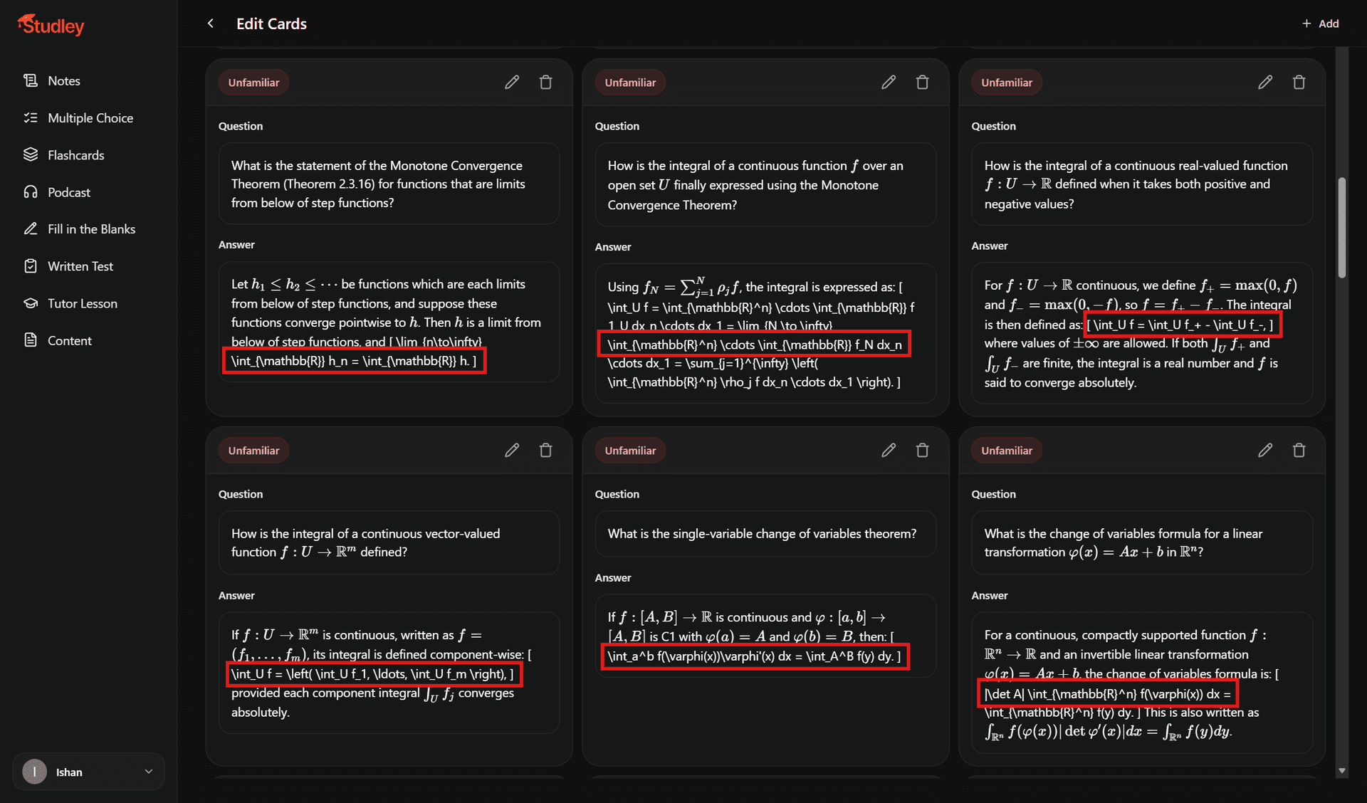 Studley math flashcards with red annotations marking equations that fail to render