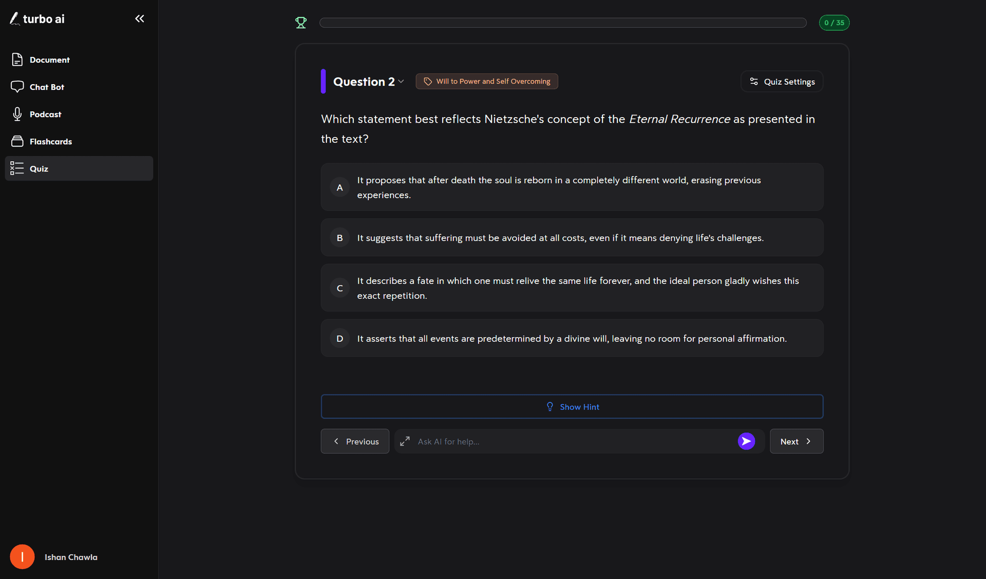 Turbo AI quiz automatically generating multiple-choice questions from an uploaded file