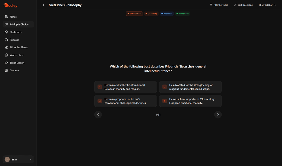 Studley multiple choice quiz screen