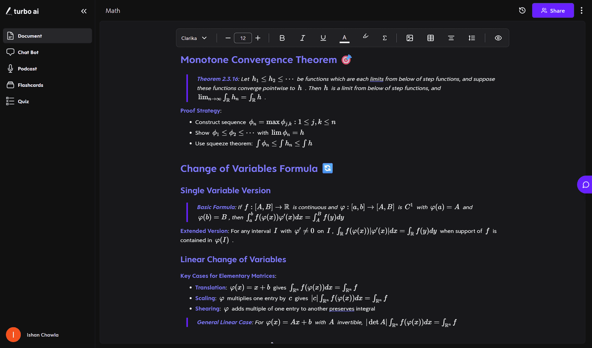 Turbo AI notes on the Monotone Convergence Theorem with a labeled theorem statement and proof strategy