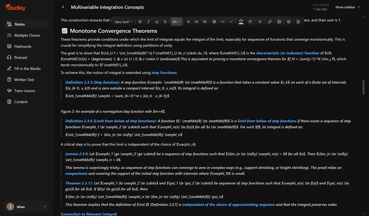 Studley notes on the Monotone Convergence Theorem with definitions, lemmas, and motivation combined in one block