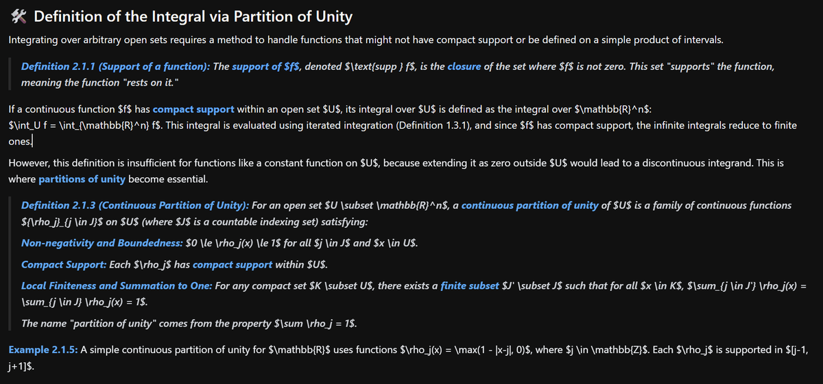 Studley notes covering the partition of unity construction in paragraphs with inline notation