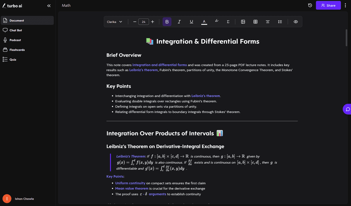 Turbo AI math notes with clearly labeled sections and clean equation rendering