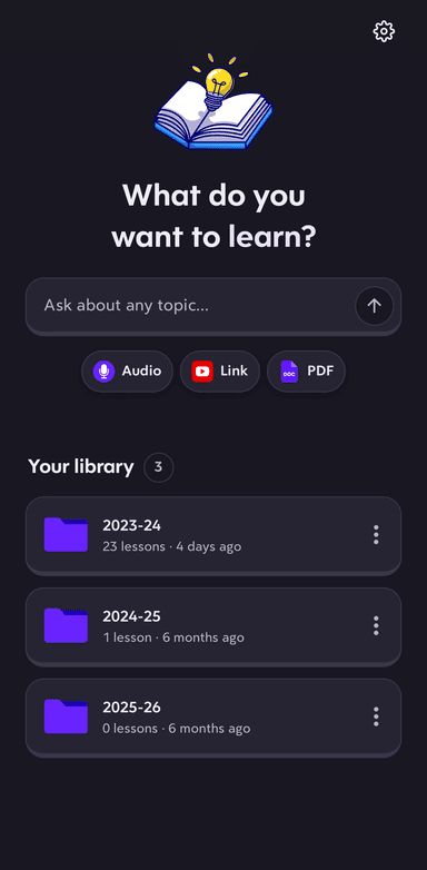 Turbo AI Learn Mode home screen asking what you want to learn, with a topic bar and Audio, Link, and PDF buttons
