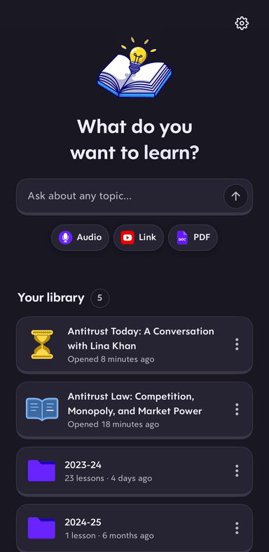 Turbo AI library showing generated Learn Mode courses alongside class folders sorted by year