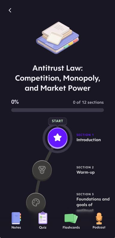 Turbo AI antitrust law course screen showing a 12-section progress path