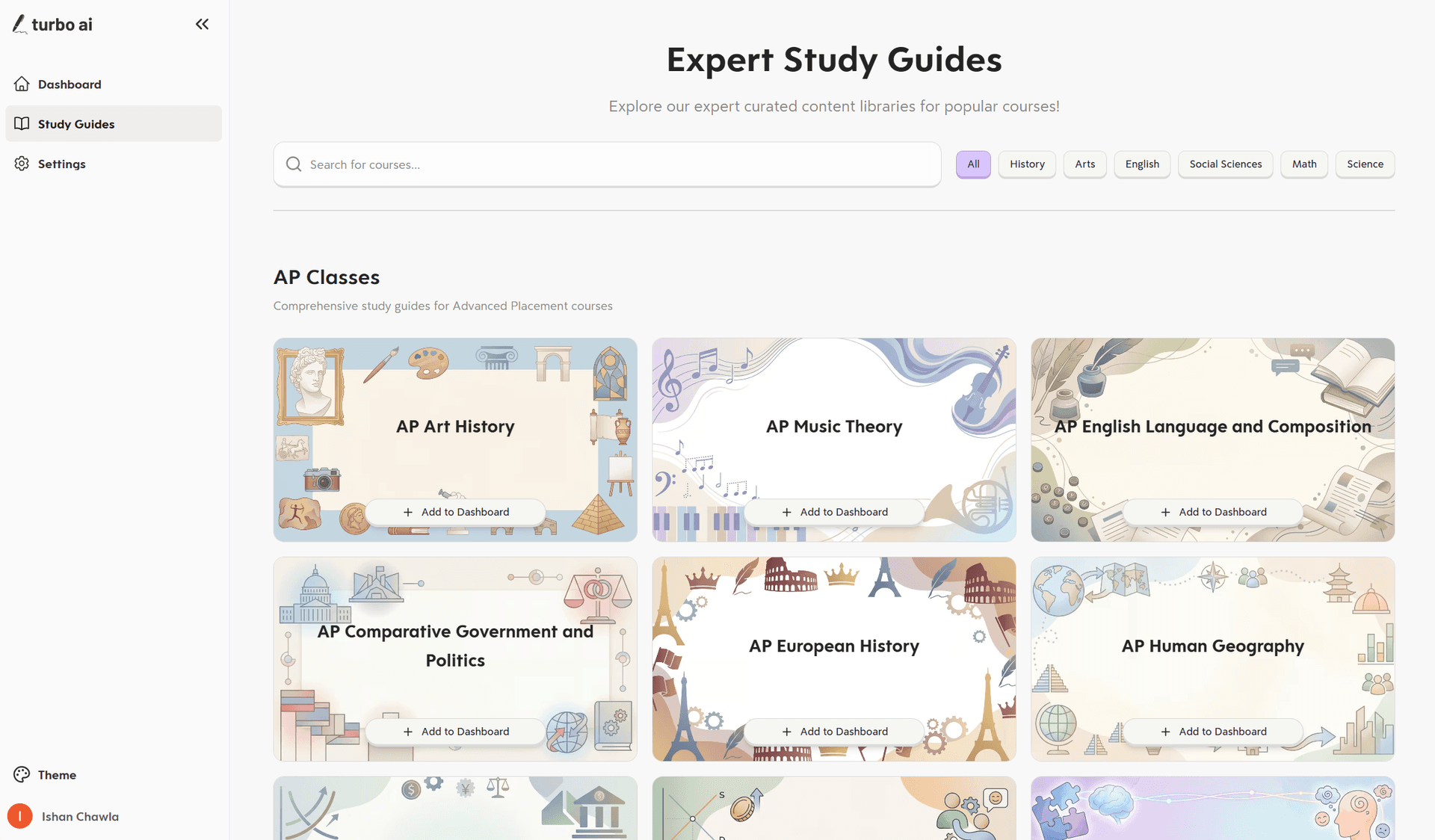 Study guide dashboard showing each AP class
