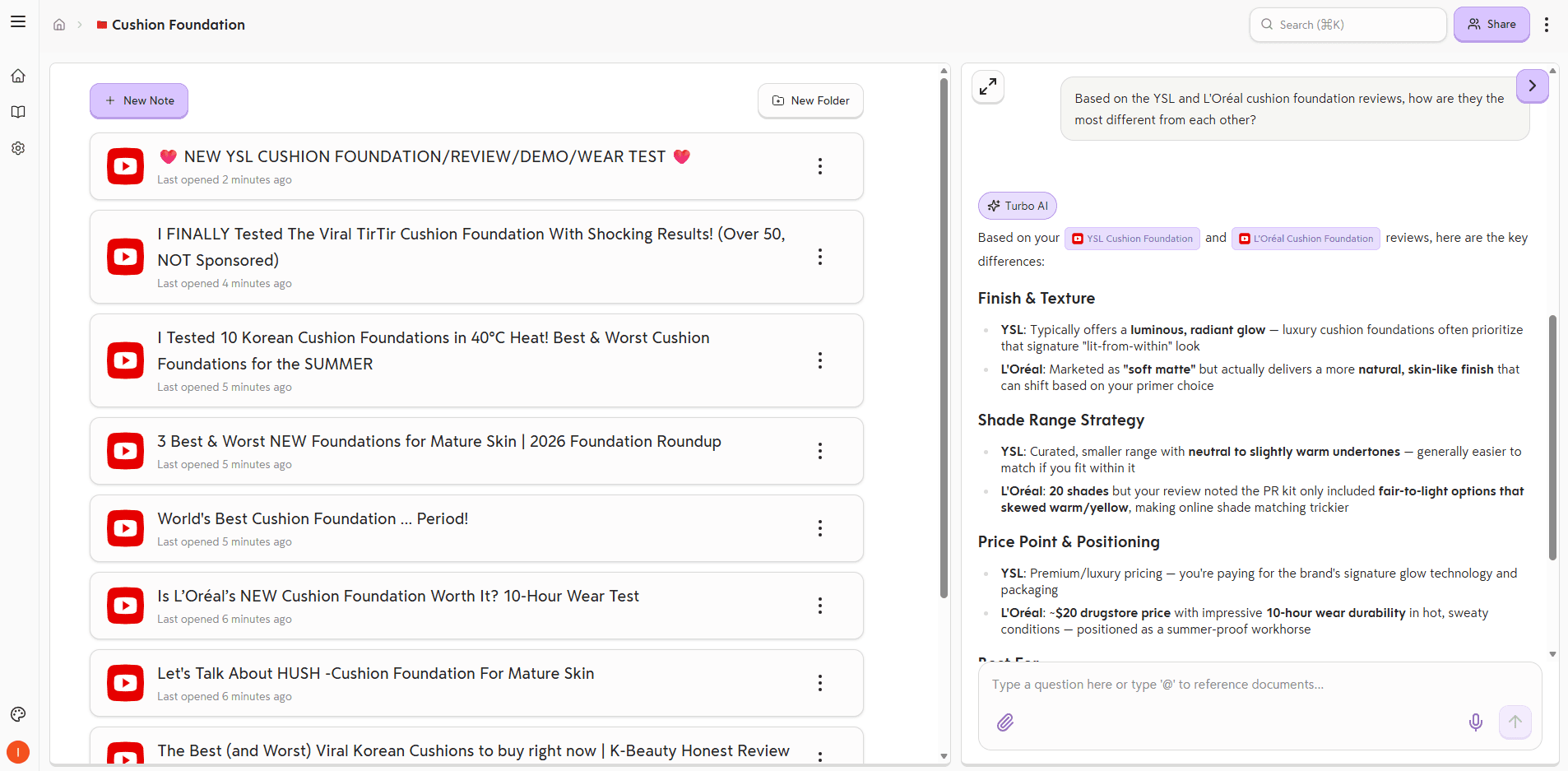 Turbo chat answering a question across saved beauty reviews